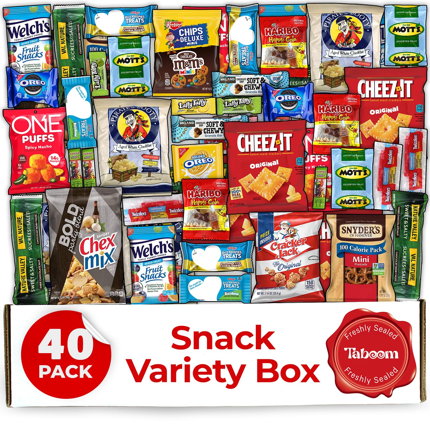 Taboom Snack Box Care Package - 40 Count Gift Box with Variety Snacks for College, Adults, Kids, and Office Treats