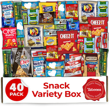 Taboom Snack Box Care Package - 40 Count Gift Box with Variety Snacks for College, Adults, Kids, and Office Treats