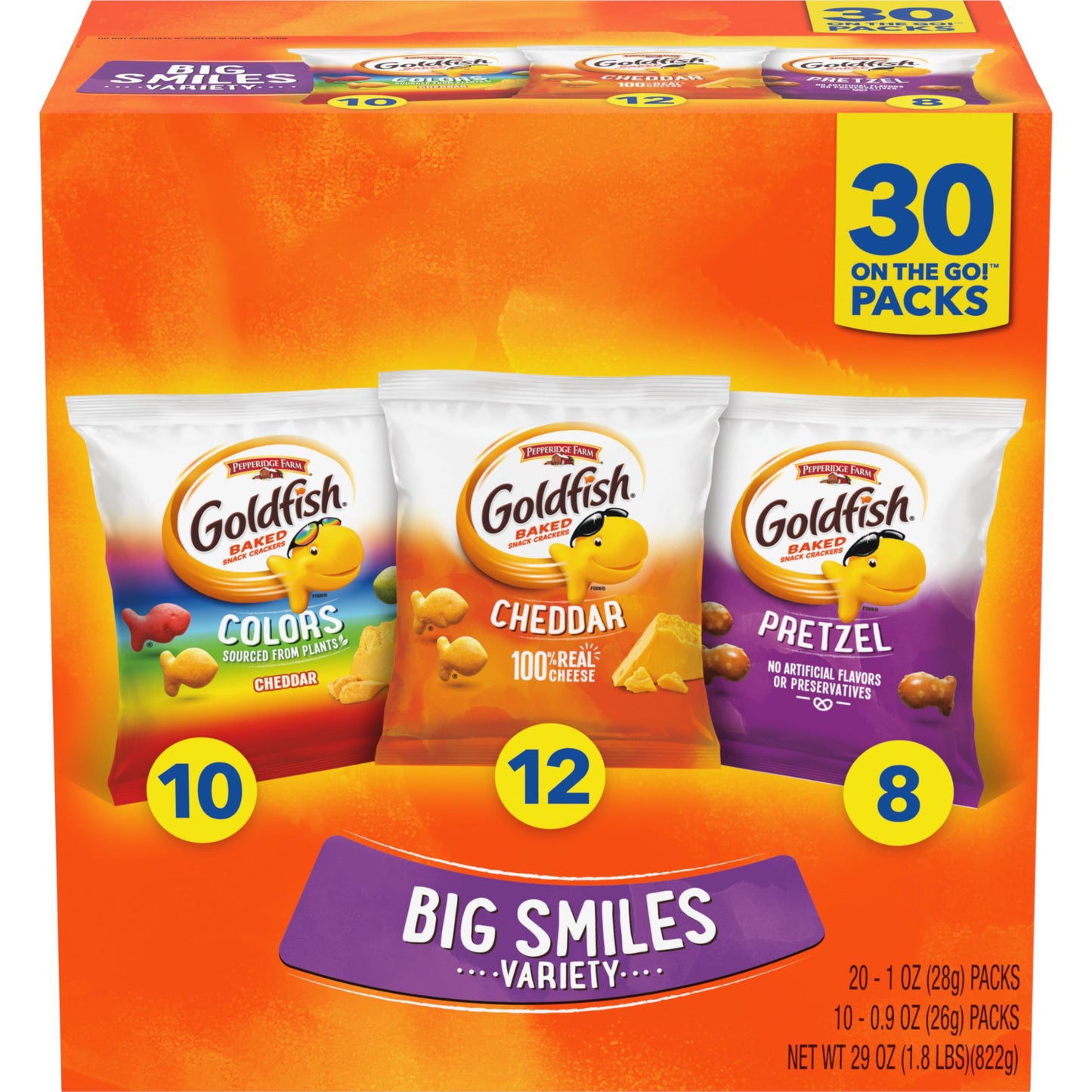 Goldfish Crackers Big Smiles Variety Pack, Cheddar & Colors, Snack Packs, 29 Oz, Model 200140004714