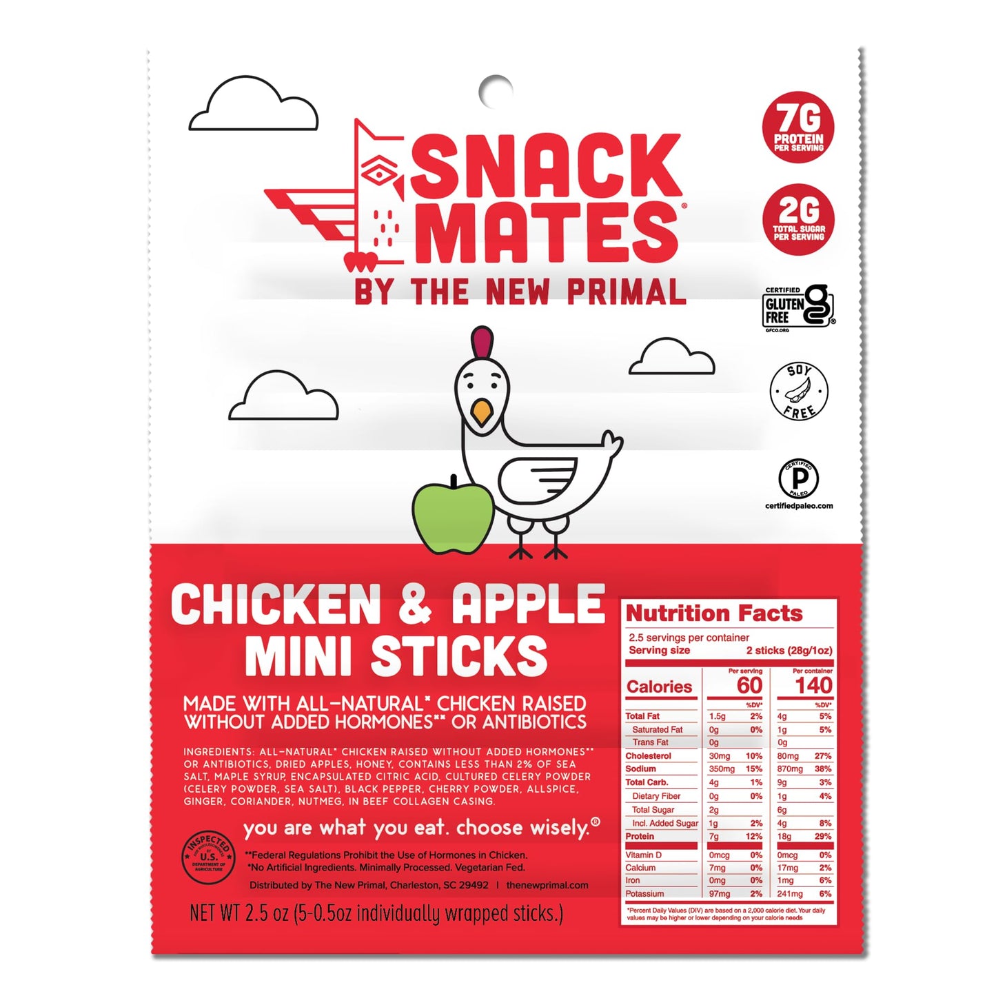 The New Primal Snack Mates, Chicken and Apple Stick - All Natural Chicken, High Protein and Low Sugar Kids Snack, Certified Pale