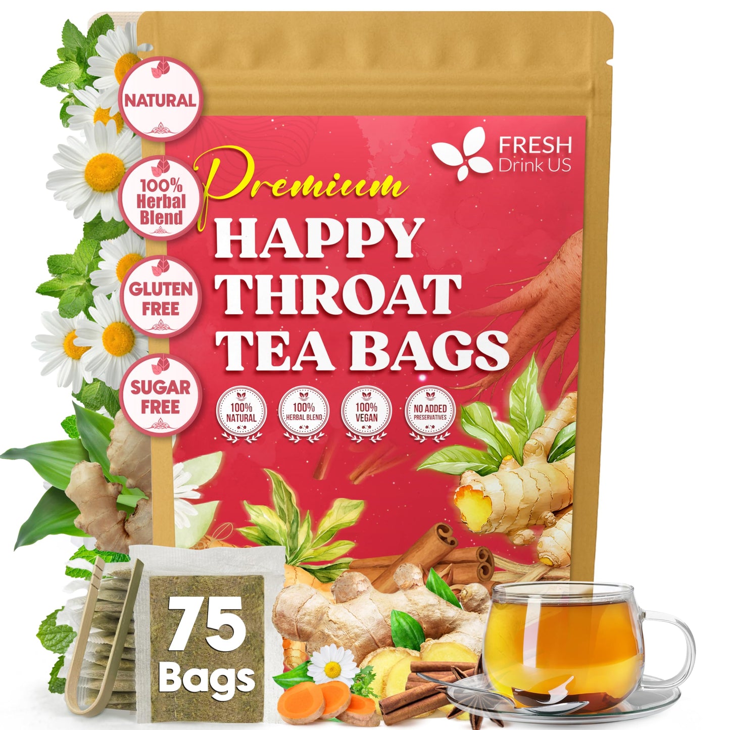 Top-Grade Happy Throat Herbal Tea - 75 Bags Of Supper Tea Blend: Marshmallow Root  Slippery Elm & Flavor Blendger - Dry & Sore Throat Relief - Energy Blend-Free  No Honey  No Citrus - No Sugar