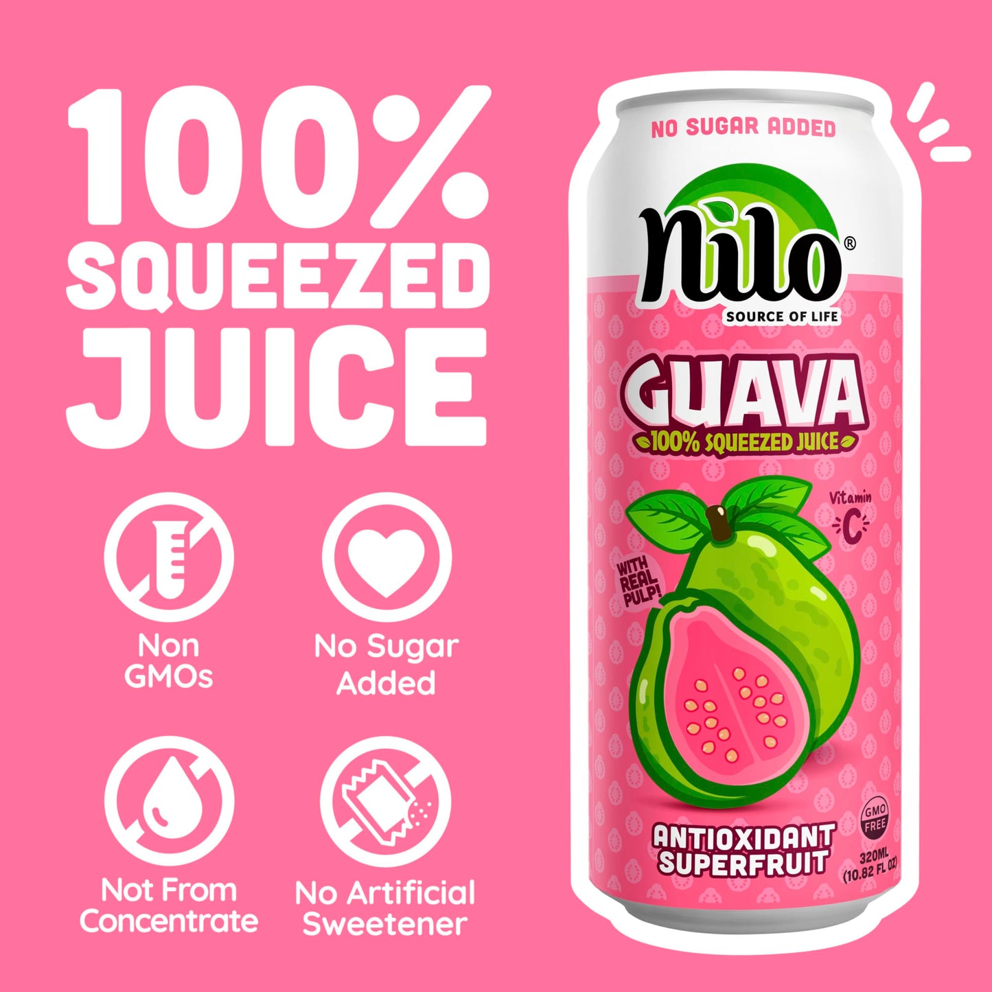 Nilo Guava Juice | 100% Squeezed Guayaba Pink Guava | No Sugar Added | Not From Concentrate | 16.57 Oz (Pack Of 12)