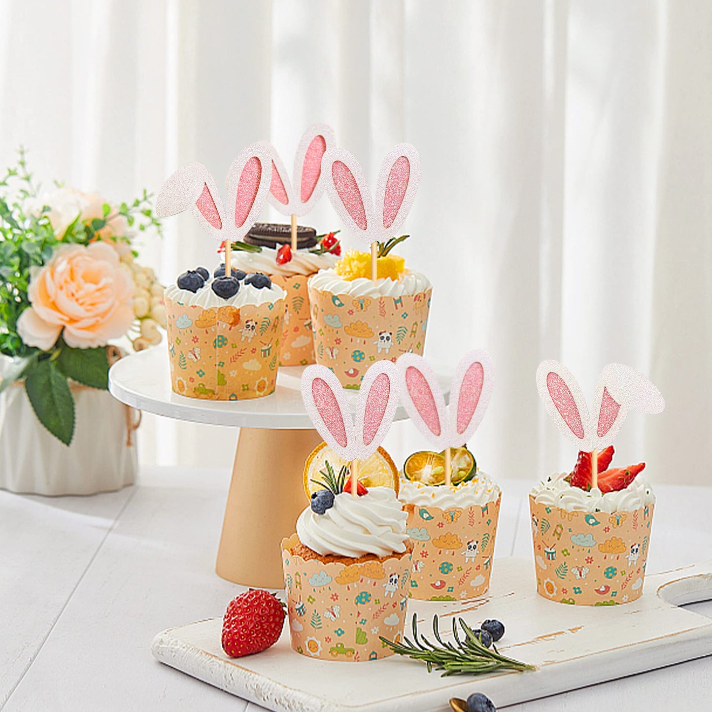 Ercadio 24 Pack Easter Bunny Ear Cupcake Toppers, Glitter Rabbit Ears Cupcake Picks, Easter Day Cake Toppers For Easter Theme Sp