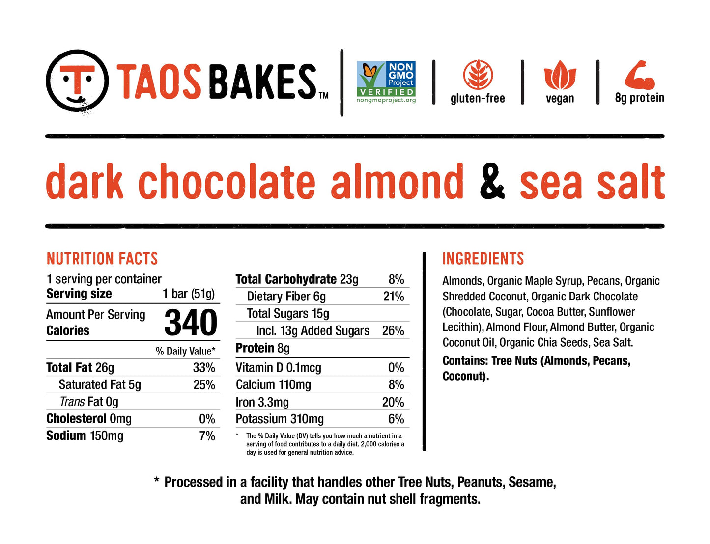 Taos Bakes Snack Bars - Dark Chocolate Almond + Sea Salt - 8g Protein, Vegan, Gluten Free - 12 Count (1.8oz Bars)