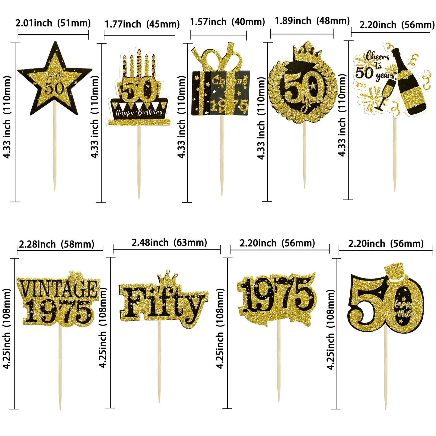 Gyufise 36Pcs Happy 50Th Birthday Cupcake Toppers Glitter Black Gold Fifty Hello 50 Vintage 1975 Cupcake Picks Cheers To 50 Year