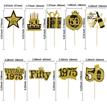 Gyufise 36Pcs Happy 50Th Birthday Cupcake Toppers Glitter Black Gold Fifty Hello 50 Vintage 1975 Cupcake Picks Cheers To 50 Year