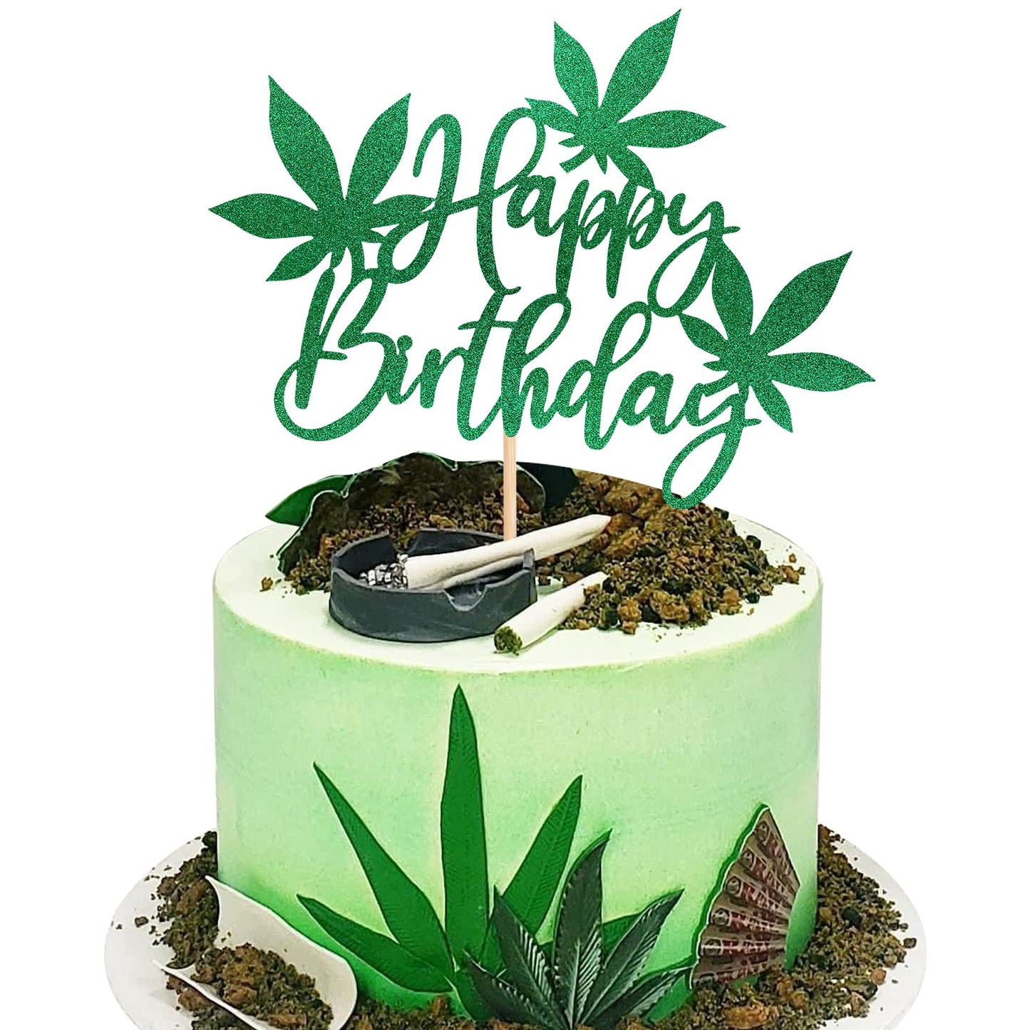 ZHUOWEISM Happy Birthday Cake Topper - Green Glitter Pot Weed Leaves, Small, Design 5