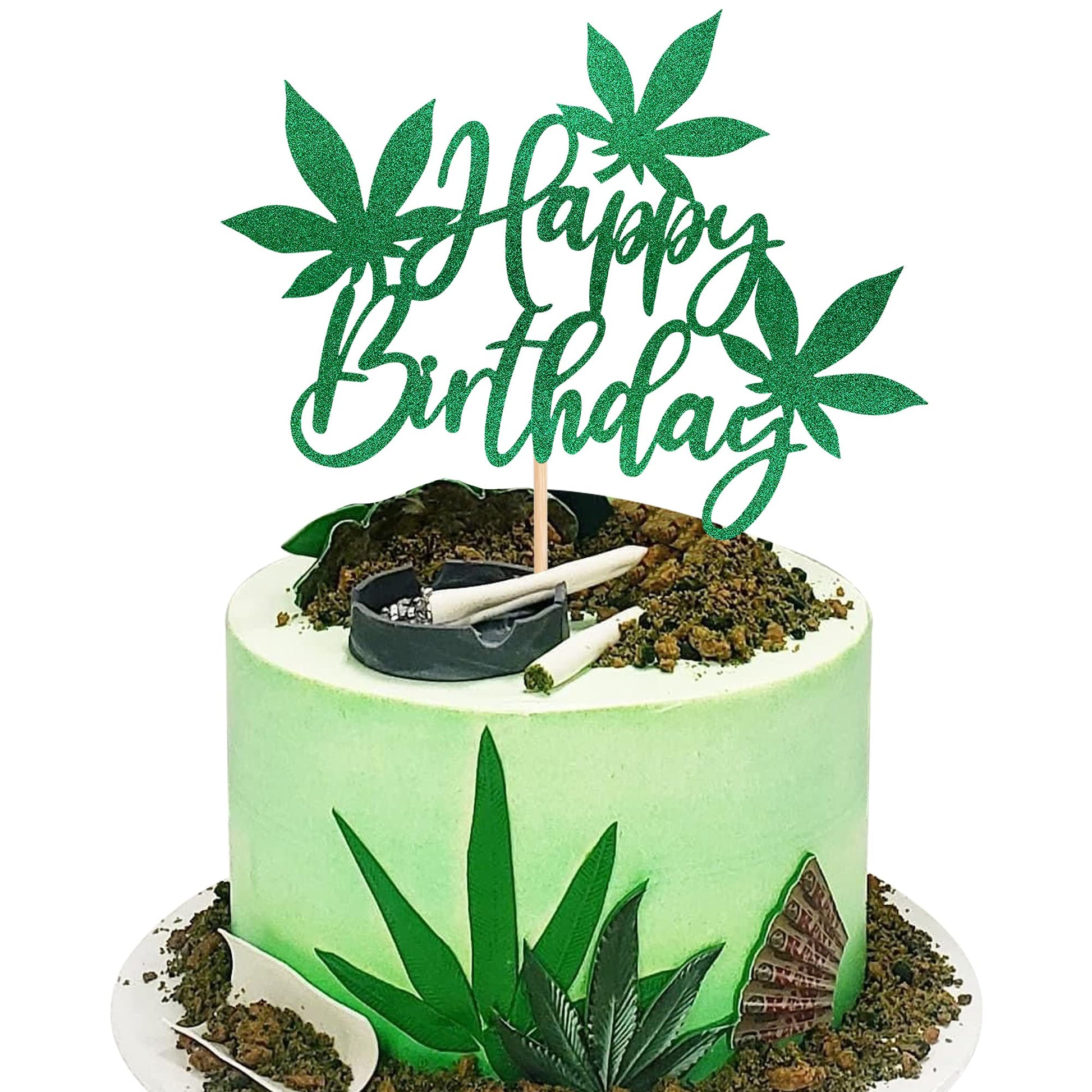 ZHUOWEISM Happy Birthday Cake Topper - Green Glitter Pot Weed Leaves, Small, Design 5