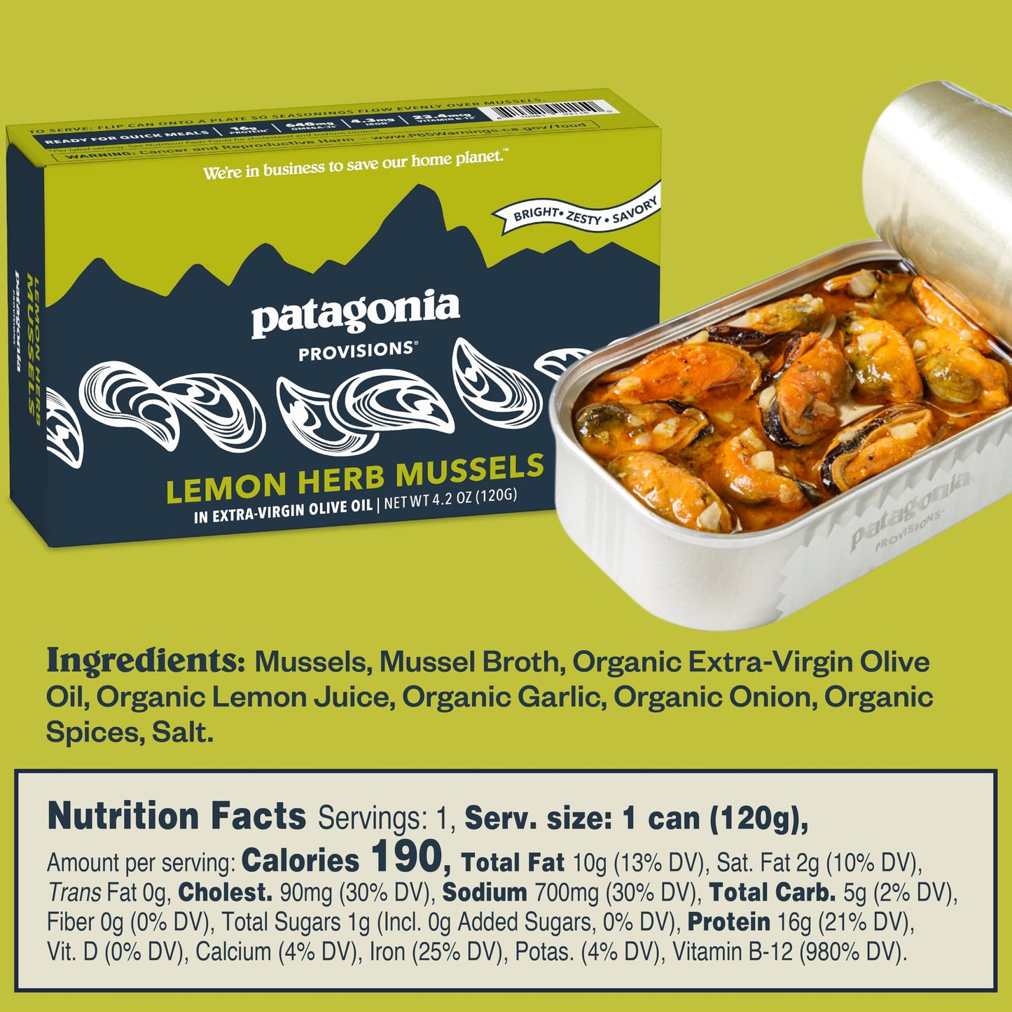 Patagonia Provisions - Lemon Herb Mussels in Extra Virgin Olive Oil | Responsibly sourced | 16g Protein & Gluten Free