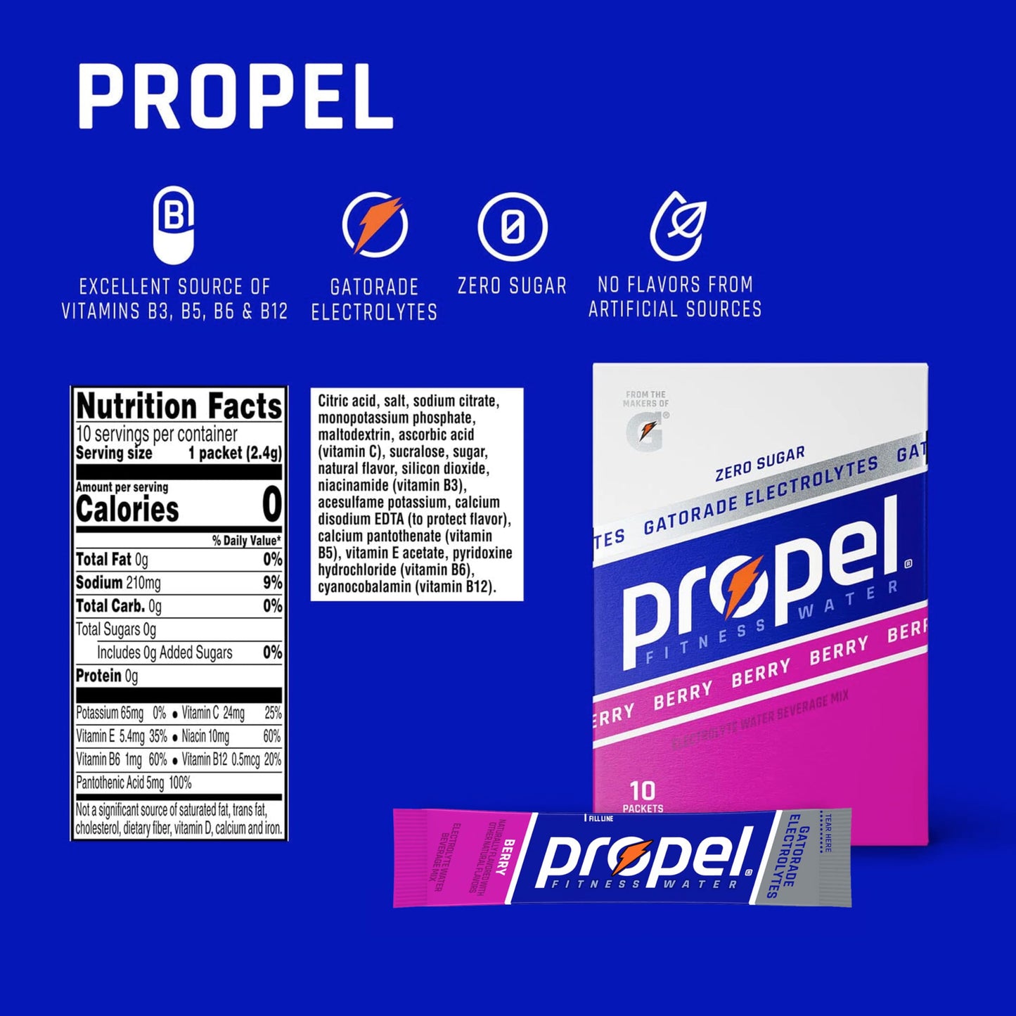 Propel Electrolyte Enhanced Water Drink Mix Powder Packets, Berry, Zero Calorie & Zero Sugar Hydration with Electrolytes and Vit
