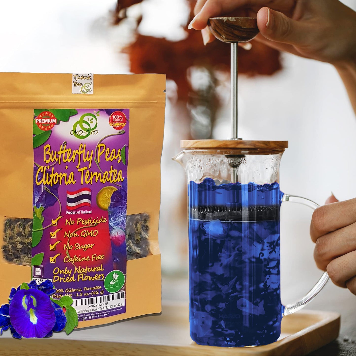 oko-oko Butterfly Pea Tea - Dried Flowers - 35.27 Oz - Organic Vegan Food Coloring - Kraft Resealable Bag