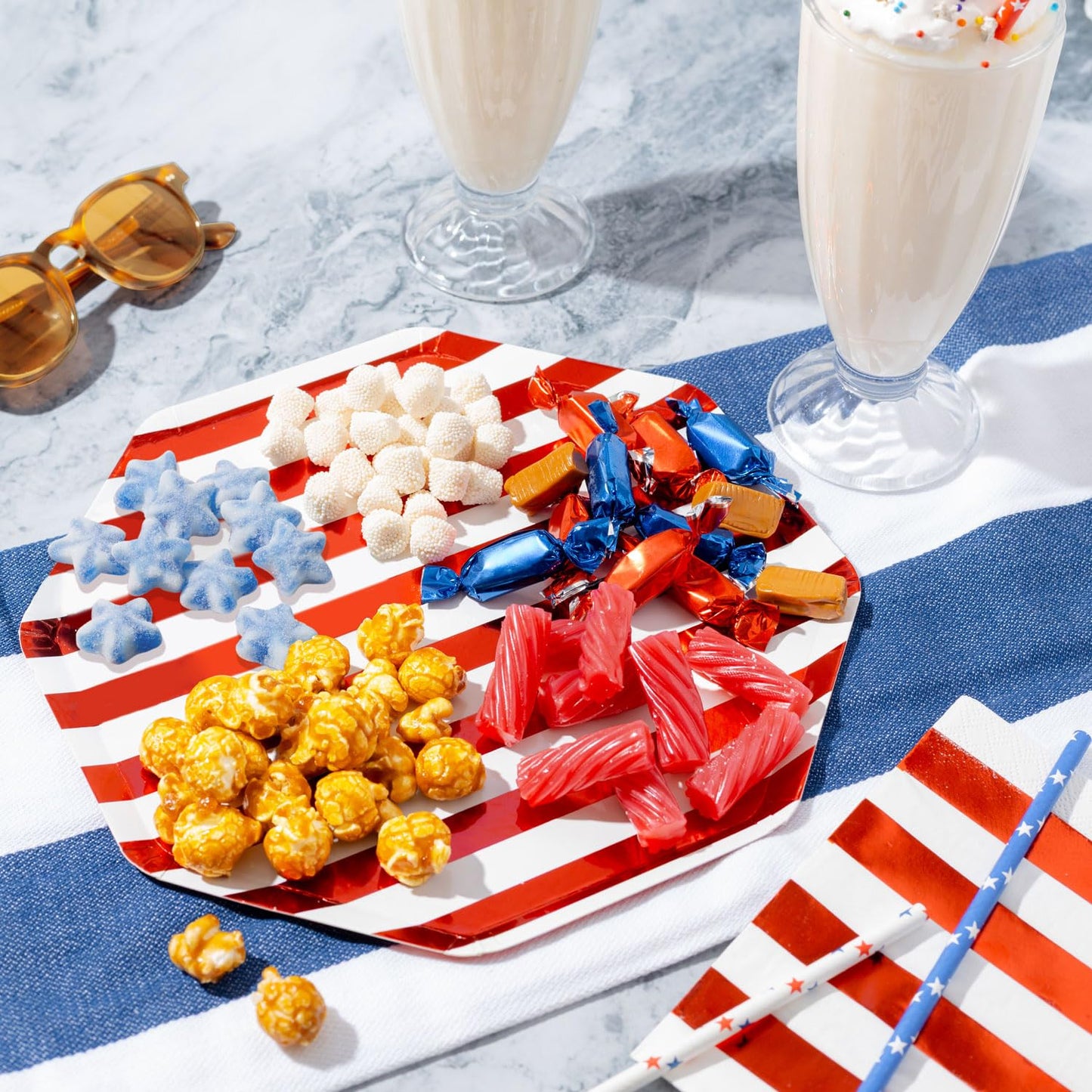 BONNIE AND POP Gift Basket - Patriotic Candy Sampler with Soft Licorice, Gummy Stars, Champagne Bubbles, 24 Ounce