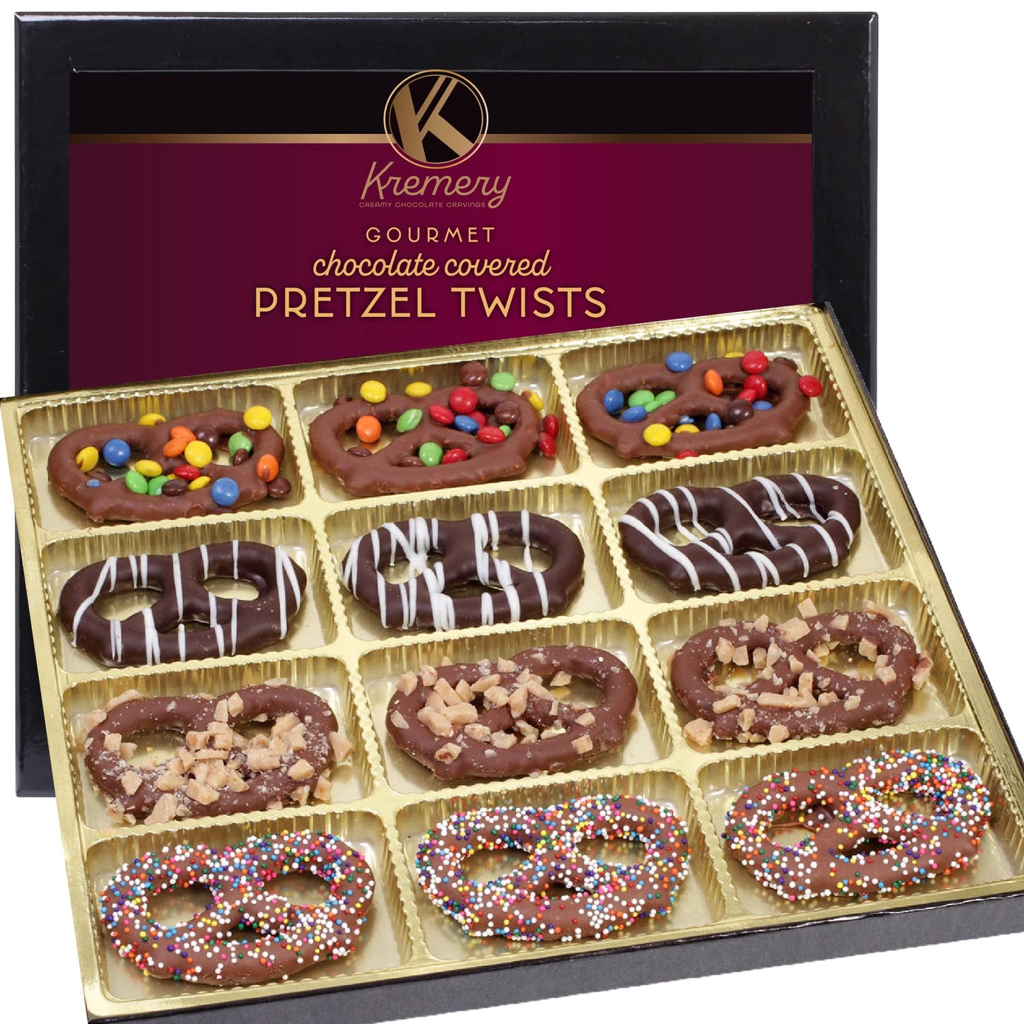 KREMERY Creamy Chocolate Cravings - Fathers Day, Chocolate Covered Pretzel Twists Gift Basket, in Sectional Gift Box (12 Pretzel