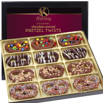 KREMERY Creamy Chocolate Cravings - Fathers Day, Chocolate Covered Pretzel Twists Gift Basket, in Sectional Gift Box (12 Pretzel