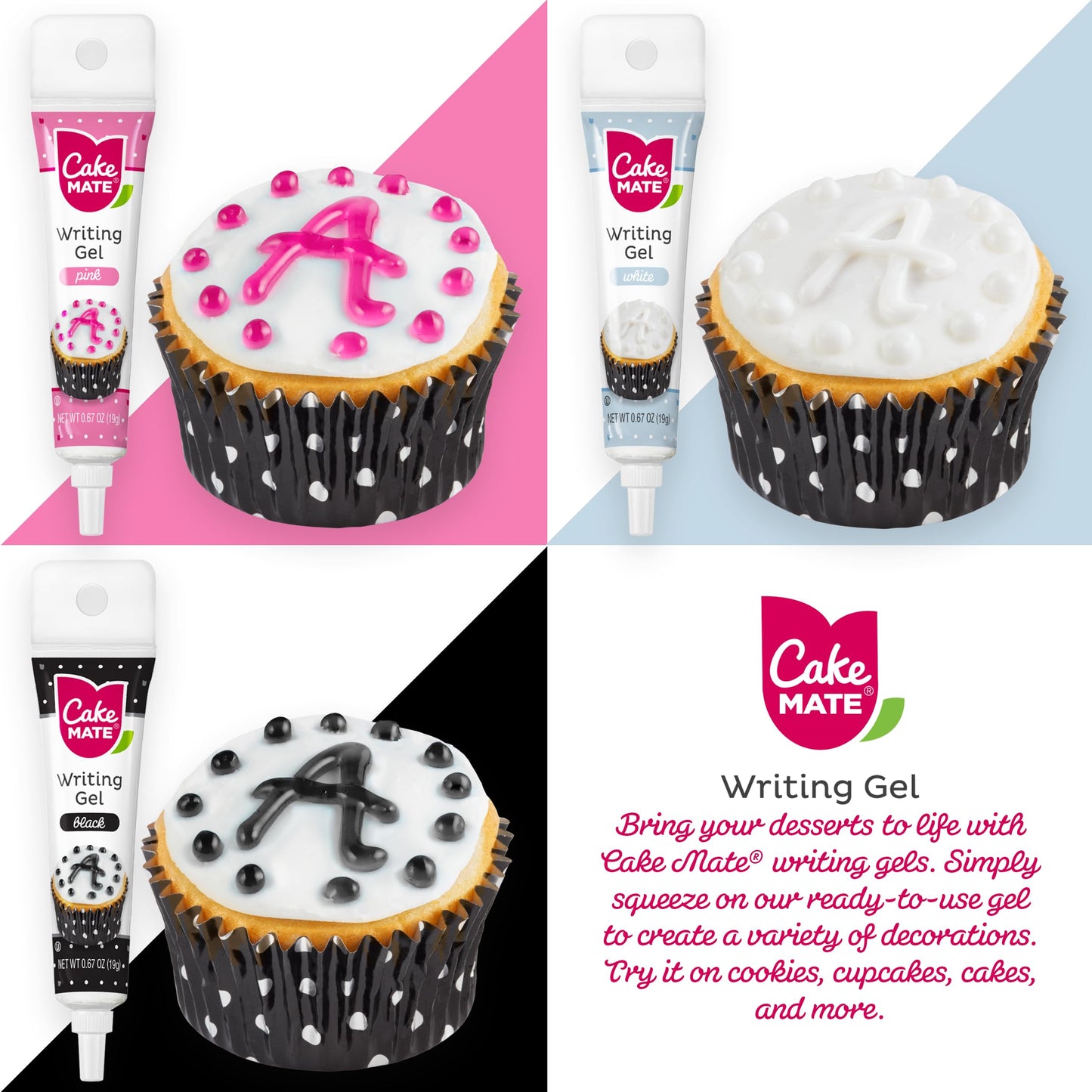 Cake Mate 9-Pack Edible Cake Writing Gels For Cake And Cookie Decorating - Easy Squeeze Gel In Vibrant Colors (0.67 Oz Each) - P