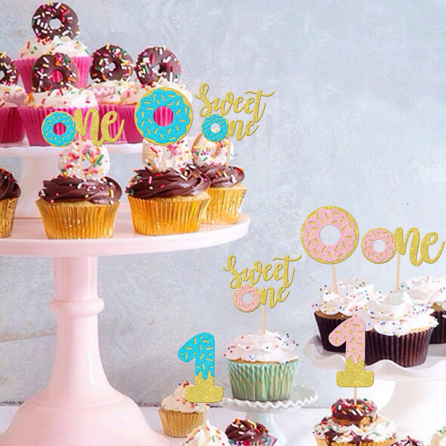 24 Pcs Donut Gender Reveal Cupcake Toppers Sweet One Donut Cupcake Picks Donut 1St Birthday Party Decorations For Donut Theme Ba