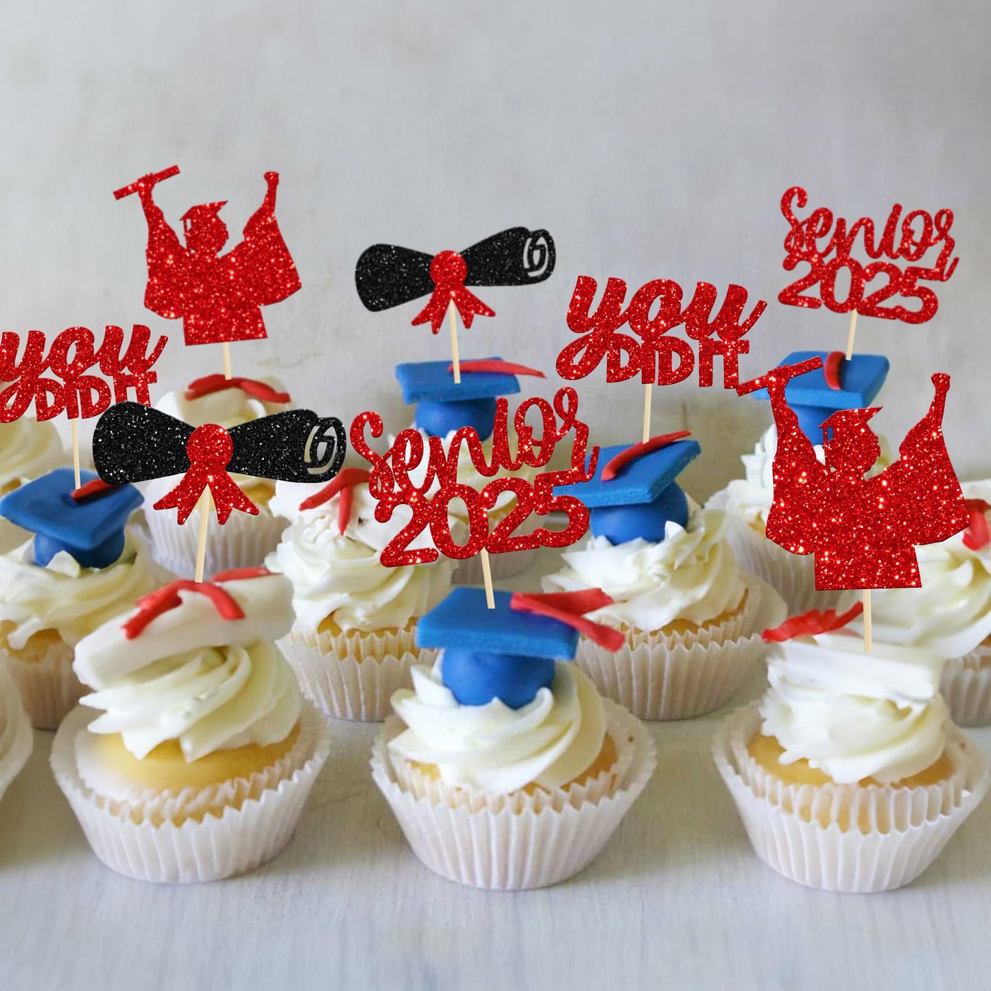 Gyufise 24Pcs Red Glitter Senior Of 2025 Graduation Cupcake Toppers You Did It Congrats Grad 2025 Diploma Cap Cupcake Picks Clas