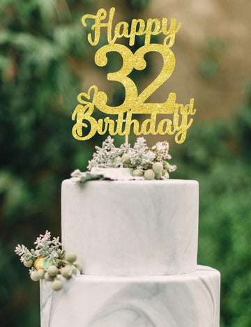 32 Birthday Cake Toppers - Gold Glitter, 32nd Birthday Decorations for Men & Women