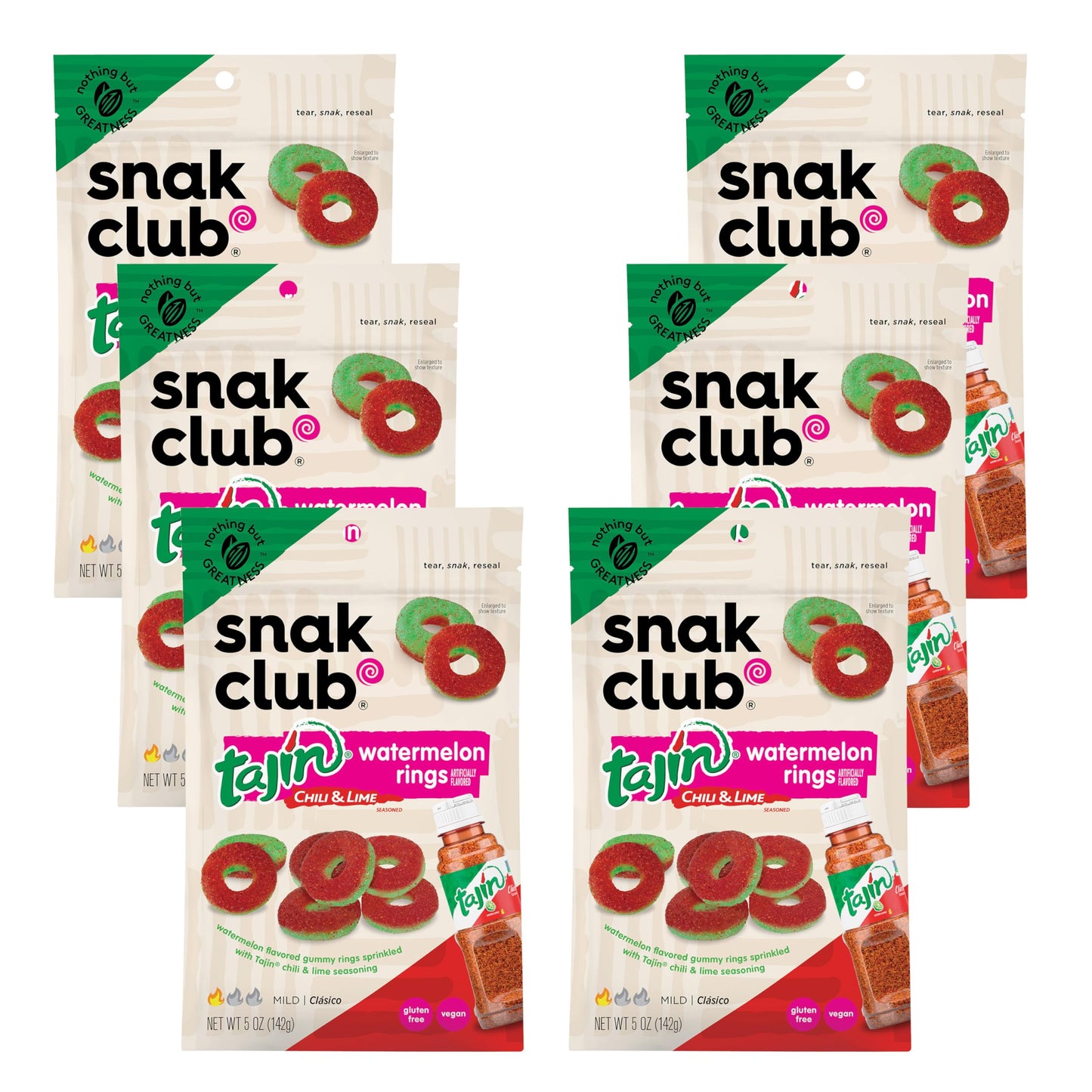 Snak Club Tajin Watermelon Rings Gummy Candy, Fruit Candy Gummies with Chili and Lime Seasoning, Mild, Gluten-Free and Vegan Sna