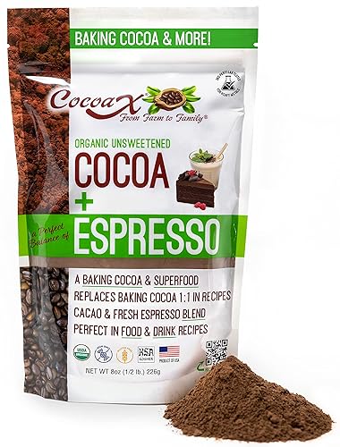 Organic Raw Unsweetened cocoa + Espresso Powder - 8oz Non-gMO Kosher Ideal for Baking Smoothies coffee (chocolate and Espresso 8