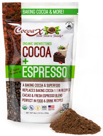 Organic Raw Unsweetened cocoa + Espresso Powder - 8oz Non-gMO Kosher Ideal for Baking Smoothies coffee (chocolate and Espresso 8
