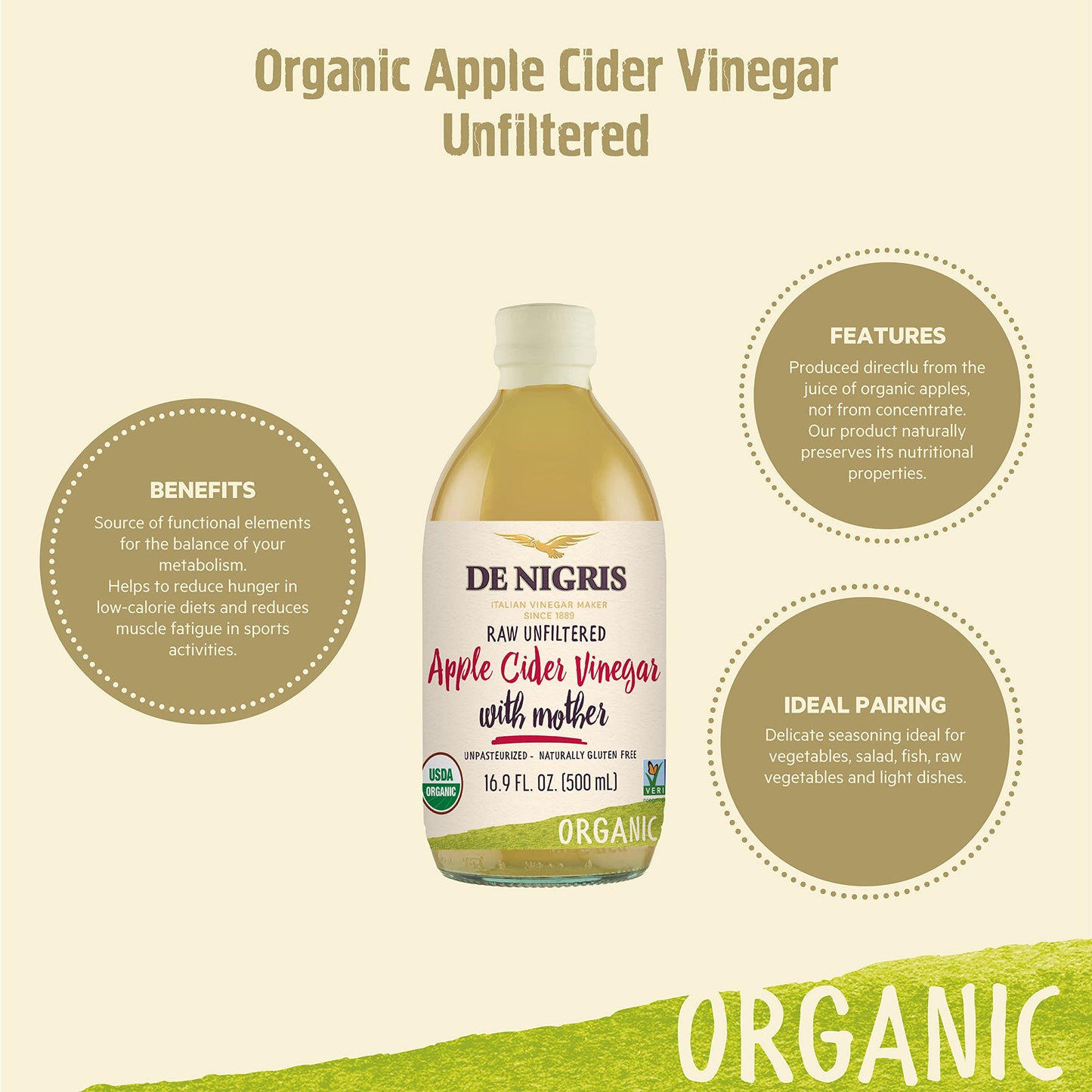 De Nigris Organic Apple Cider Vinegar Raw & Unfiltered, 16.9 Fl Oz (Pack of 2)