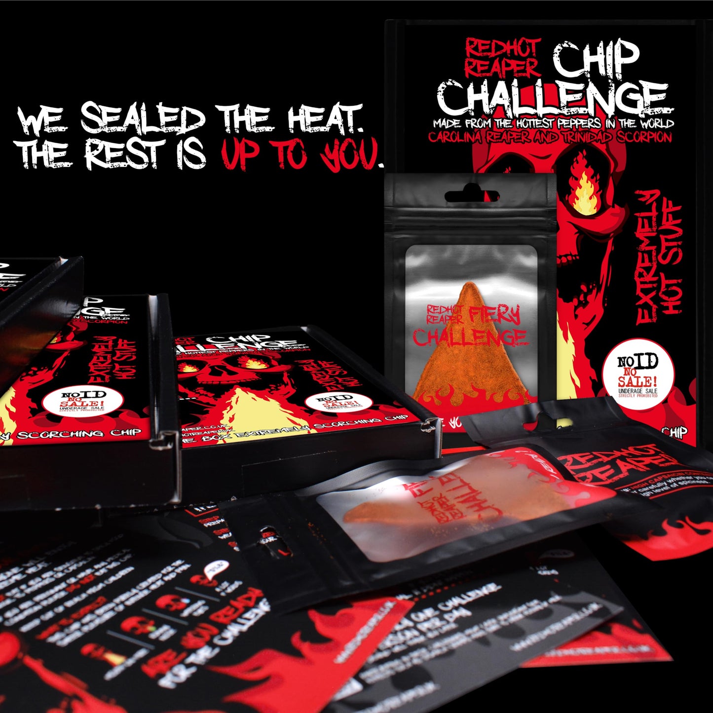 Red Hot Reaper Hot Chip Challenge - Super Spicy Carolina Reaper & Trinidad Scorpion - 1.41 oz Pack, Black