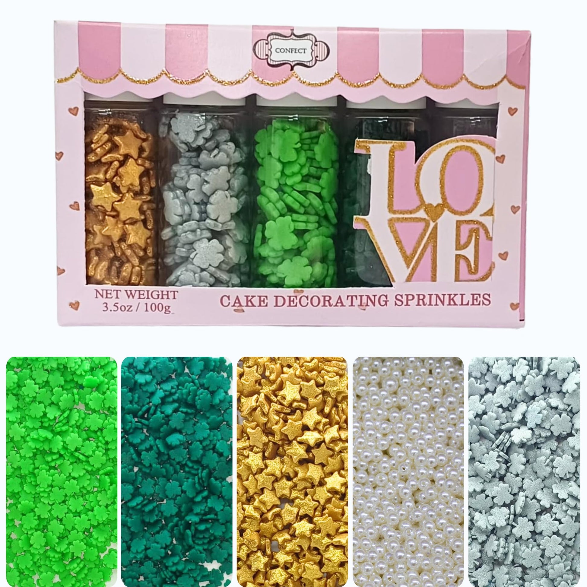 Confect St. Patricks Green & Silver Flower Sprinkles | White Pearl Sprinkles | Gold Star Sprinkles | Edible Sprinkles | Sprinkle