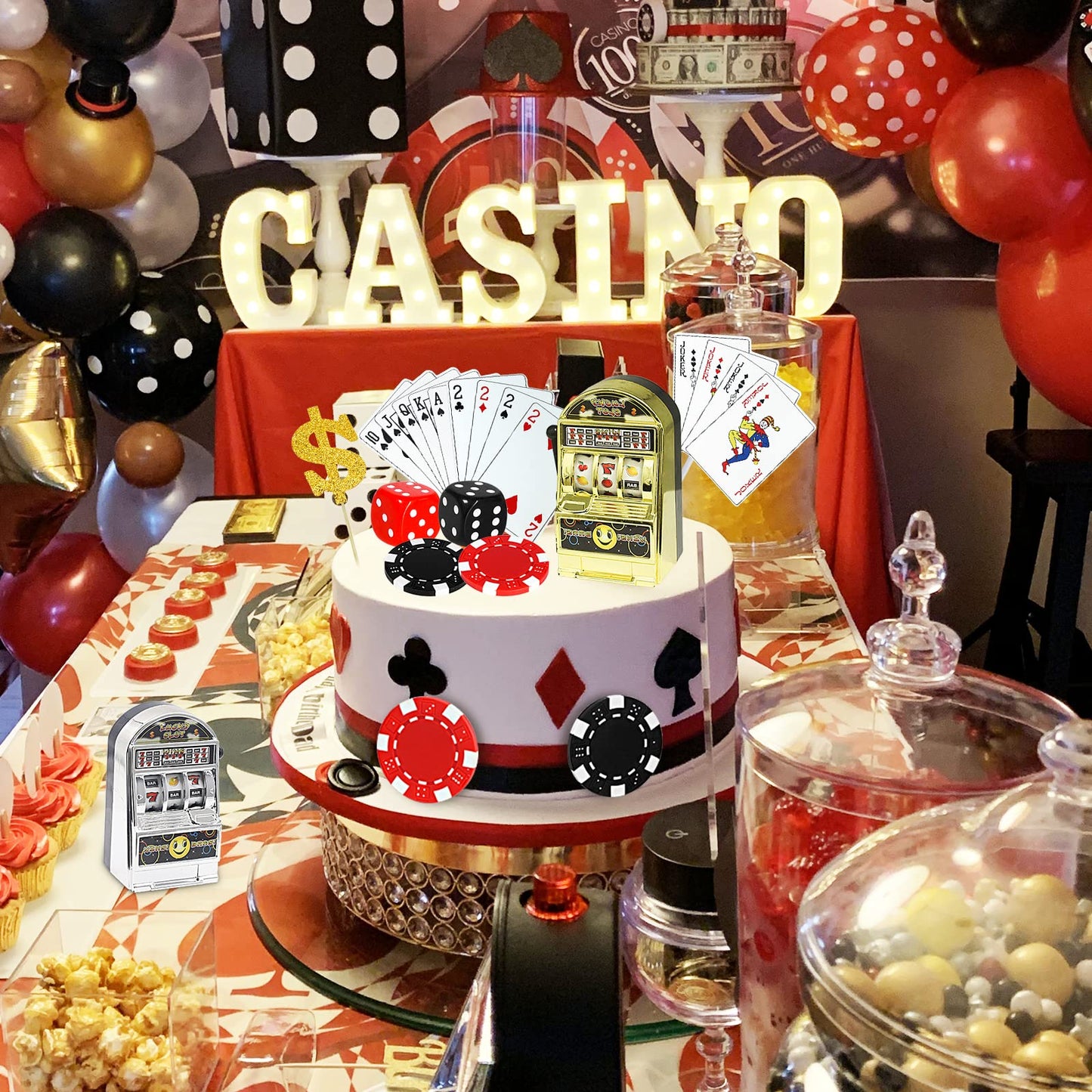 Morofme  card-style Cake Decorations Set, 21 PCS, Medium, Plastic, Includes Slot Machine,  card-style Chips, Dices, Dollar Sign, Birthday Party Supplies