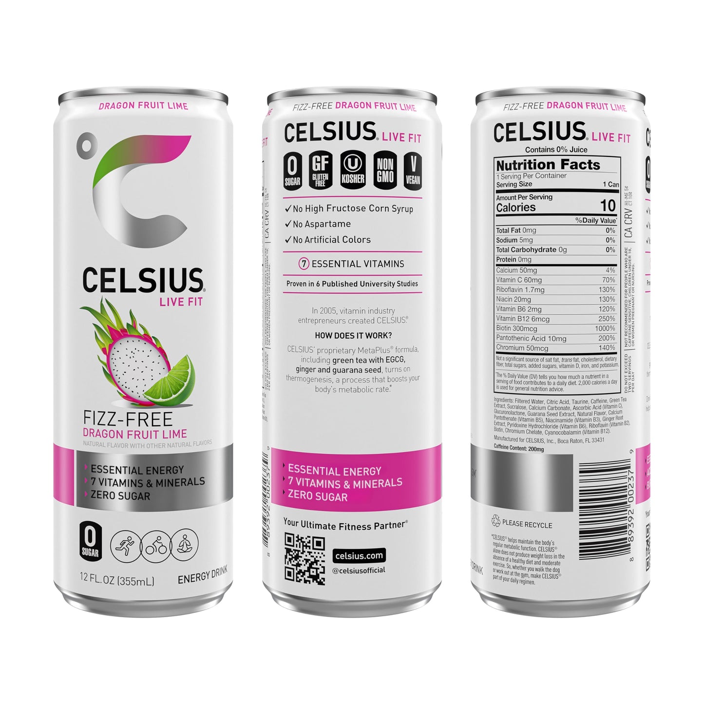 CELSIUS Fizz Free Dragon Fruit Lime  Sugar Free Energy Drink  12 Fl Oz (Pack of 12)