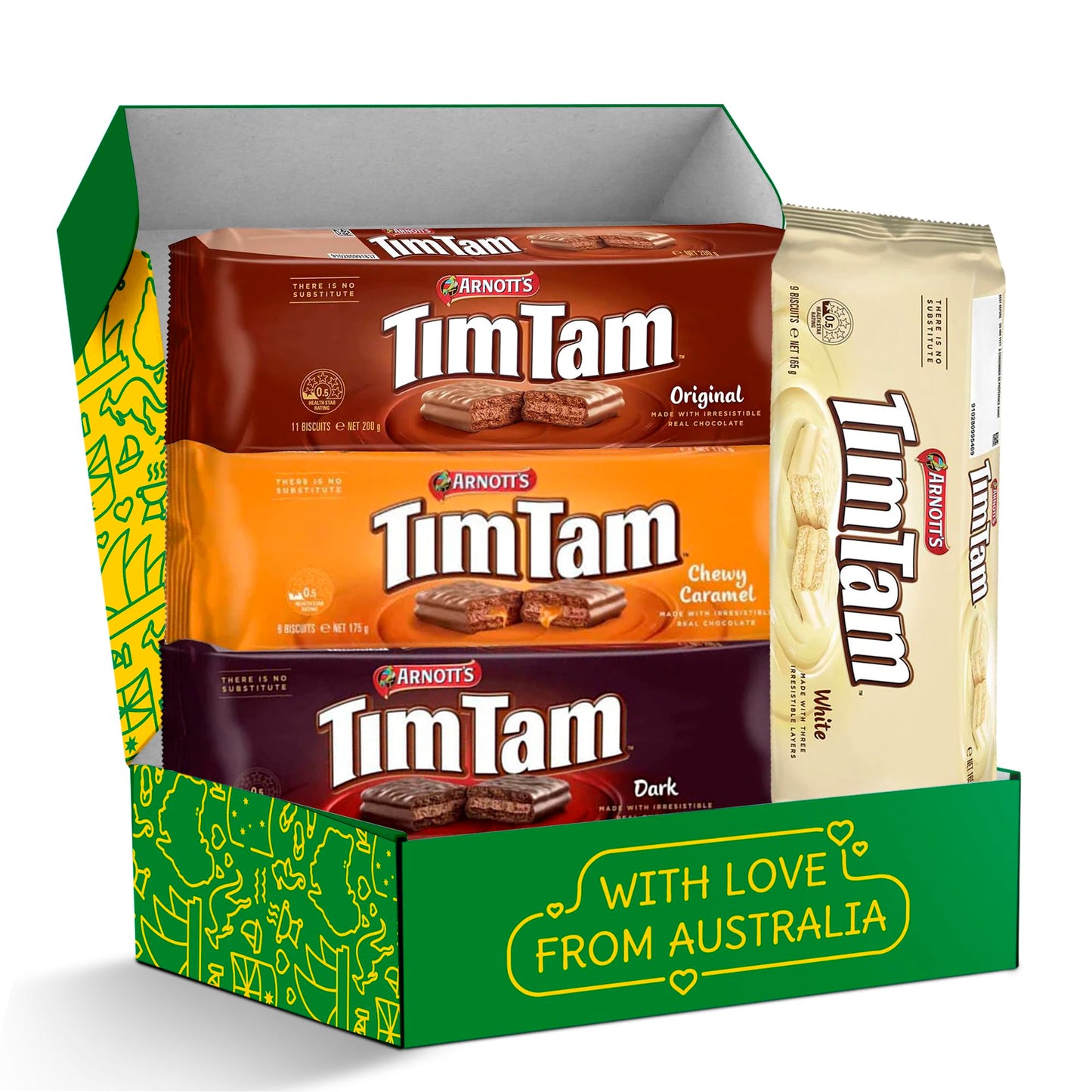 Tim Tam Cookies Gift, Snack Box, Australian Cookies Variety Pack with Chocolate Filling, 4 Pack Full of Original, Dark, Caramel 