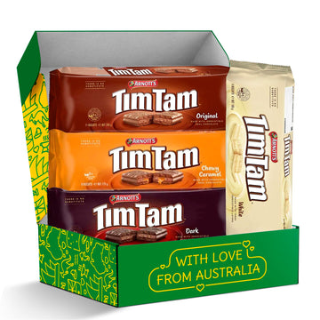 Tim Tam Cookies Gift, Snack Box, Australian Cookies Variety Pack with Chocolate Filling, 4 Pack Full of Original, Dark, Caramel 