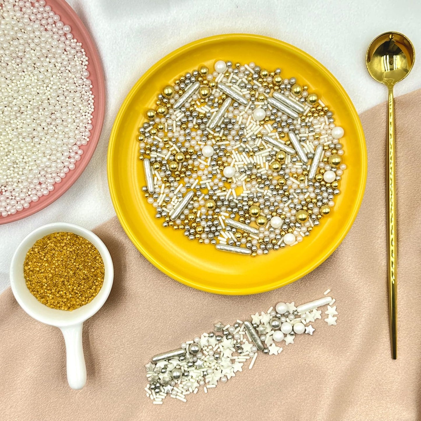 Sprinkles For Cake Decorating, Gold Sanding White Pearl Silver Jimmies Sprinkles Mix For Ice Cream Brownie Cookie Cupcake Baking