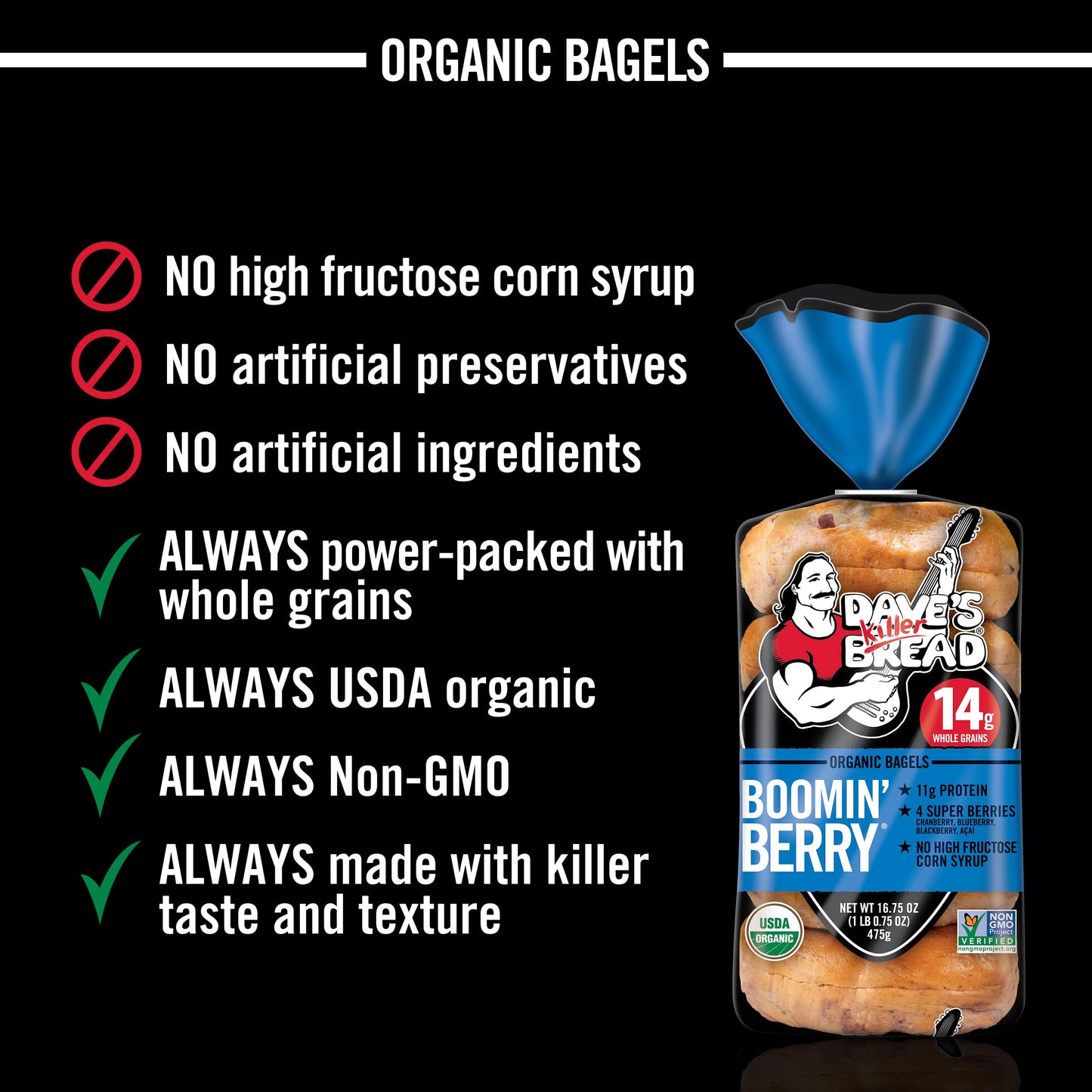 Daves Killer Bread Boomin Berry Bagels, Cranberry, Blueberry, Blackberry and Acai Bagels, 5 Count