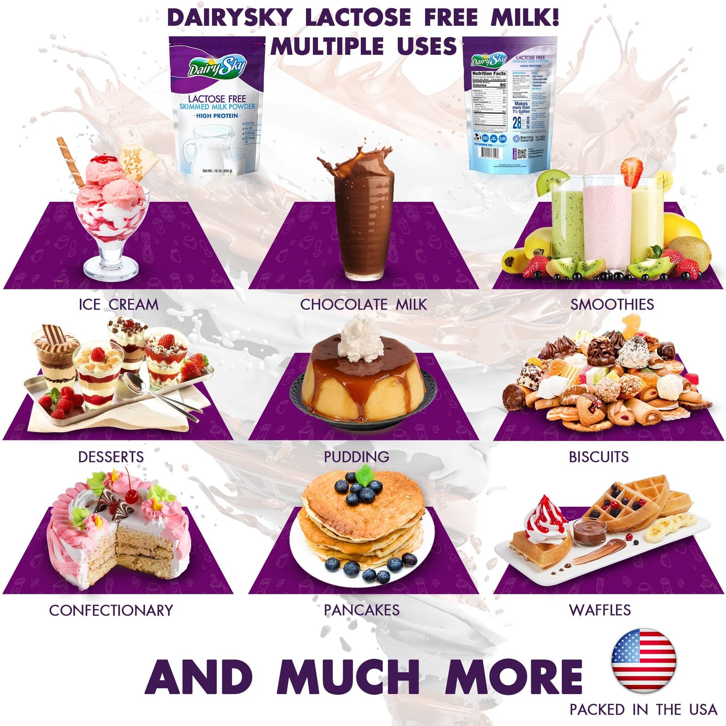 Dairysky Lactose Free Skim Milk Powder, 16oz, Non-GMO, Fat-Free, Kosher, Great for Baking & Coffee
