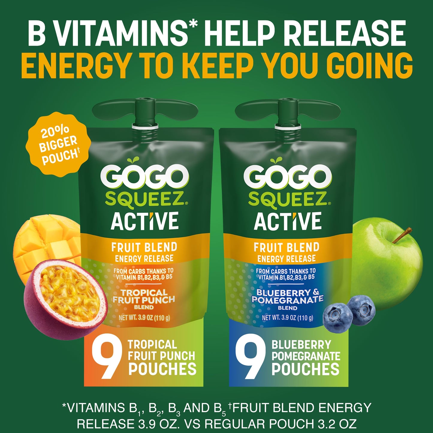 GoGo squeeZ Active Fruit Blend Energy Release|18-Count Variety Pack|Tropical Fruit Punch and Blueberry & Pomegranate|Made with Real Fruit and B Vitamins