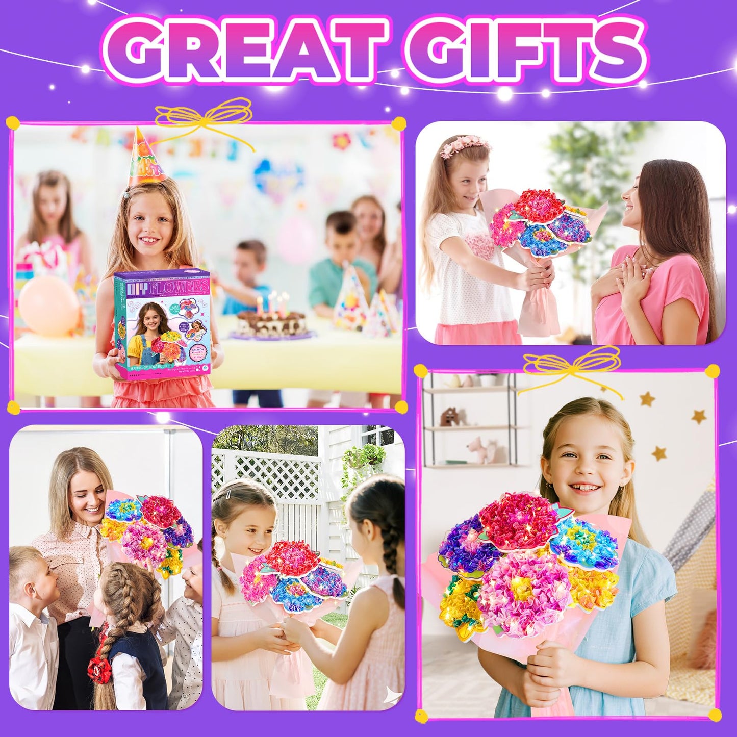 Vinkp Flower Bouquet Art Craft Kit, Arts And Crafts For Kids Ages 4-8, Poke Kit With With 6 Flowers & 6 Light Strings, Mess-Free For Girls & Boys, Craft Gift For Girls Ages 4, 5, 6, 7, 8+