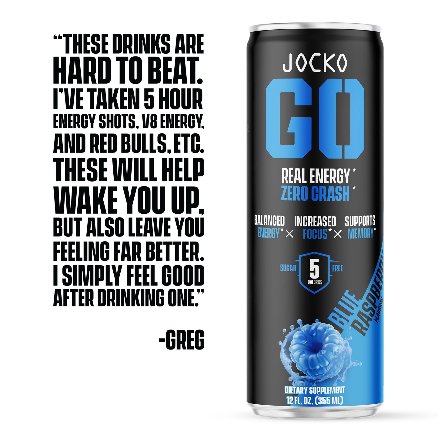 Jocko Fuel Blue Raspberry Energy Drink, 0 Sugar, 95mg Caffeine, 12 Pack, 144 Fl Oz
