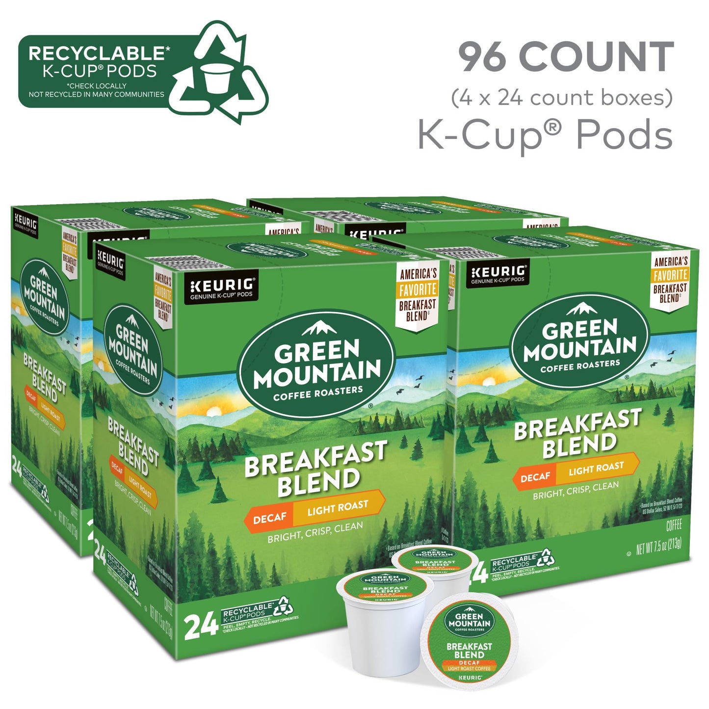 Green Mountain Coffee Roasters Breakfast Blend Decaf Coffee, Keurig Single Serve K-Cup Pods, Light Roast, 96 Count