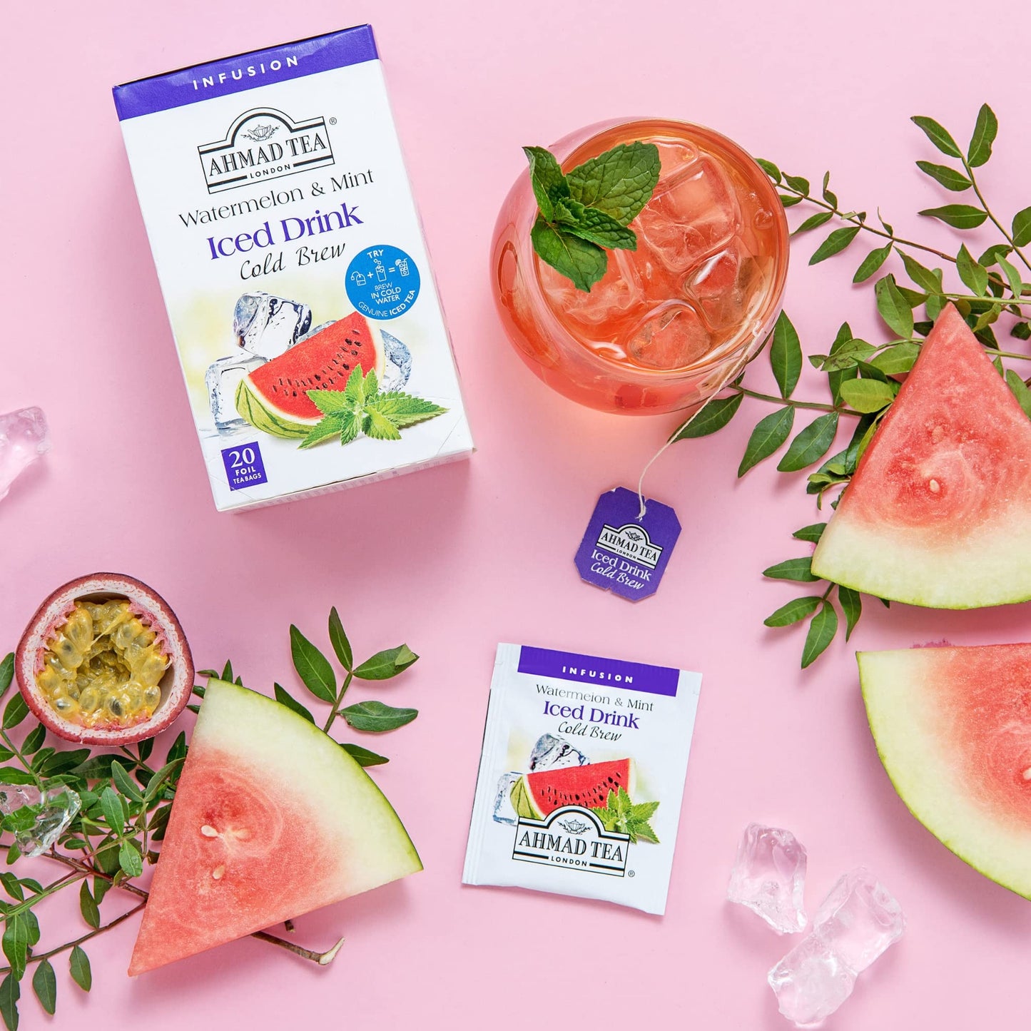 Ahmad Tea Herbal Tea, Cold Brew Watermelon & Mint Teabags, Iced Tea, 20 Ct (Pack Of 6) - Decaffeinated