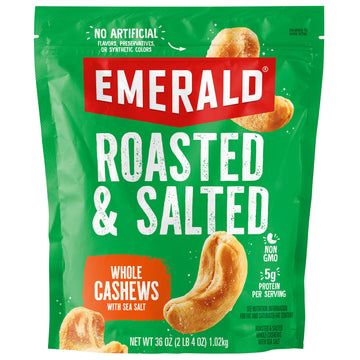 Emerald Nuts Roasted and Salted Whole Cashews (1-Pack) | 36oz Resealable Bulk Bag | Plant-Based Protein, Kosher Certified, Non-G