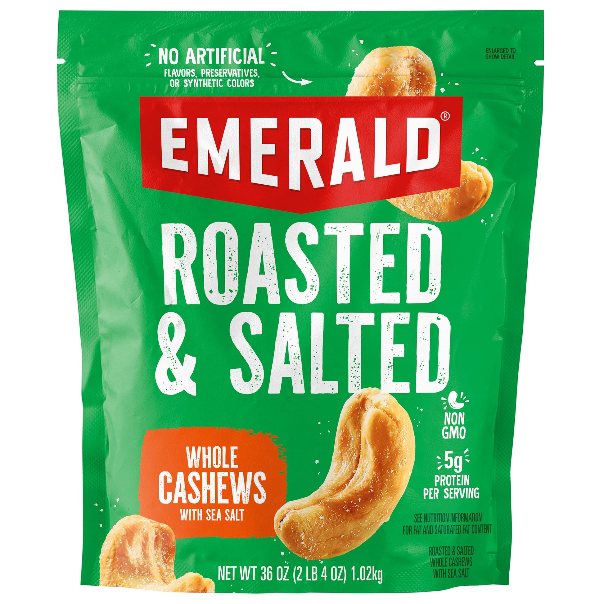 Emerald Nuts Roasted and Salted Whole Cashews (1-Pack) | 36oz Resealable Bulk Bag | Plant-Based Protein  Kosher Certified  Non-GMO | Contains No Artificial Preservatives  Flavors or Synthetic Colors