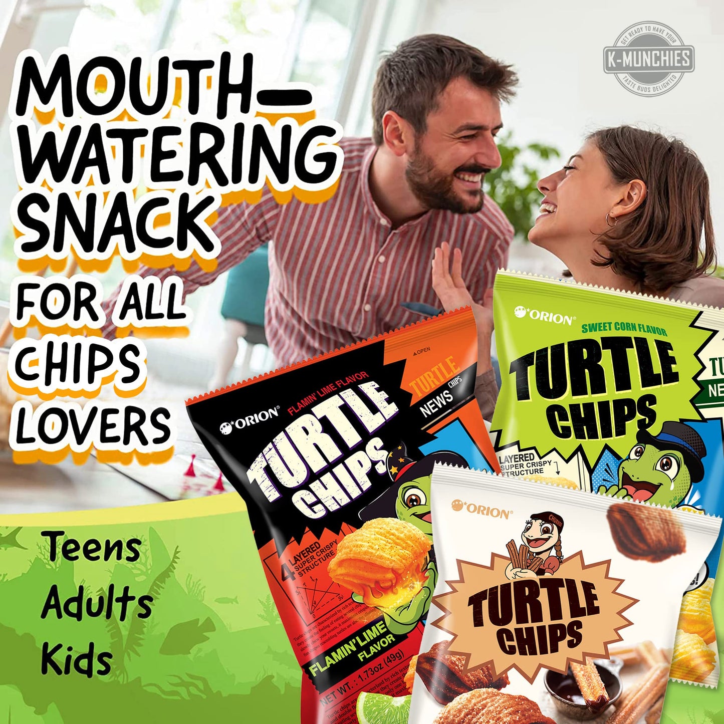 K-Munchies Orion Turtle Chips - 6 Variety Packs, 49G - Churro Chips (2), Sweet Corn Chips (2), And Flamin' Lime Korean Chips (2)