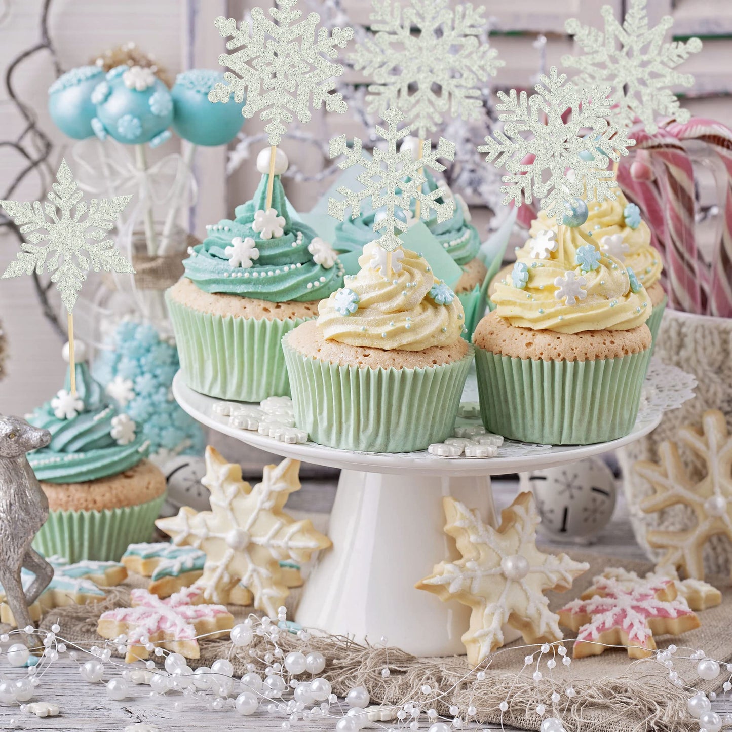 Gyufise 36 Pack Snowflake Cupcake Toppers Silver Glitter Winter Frozen Theme Cupcake Picks Baby Shower Kids Birthday Party Chris