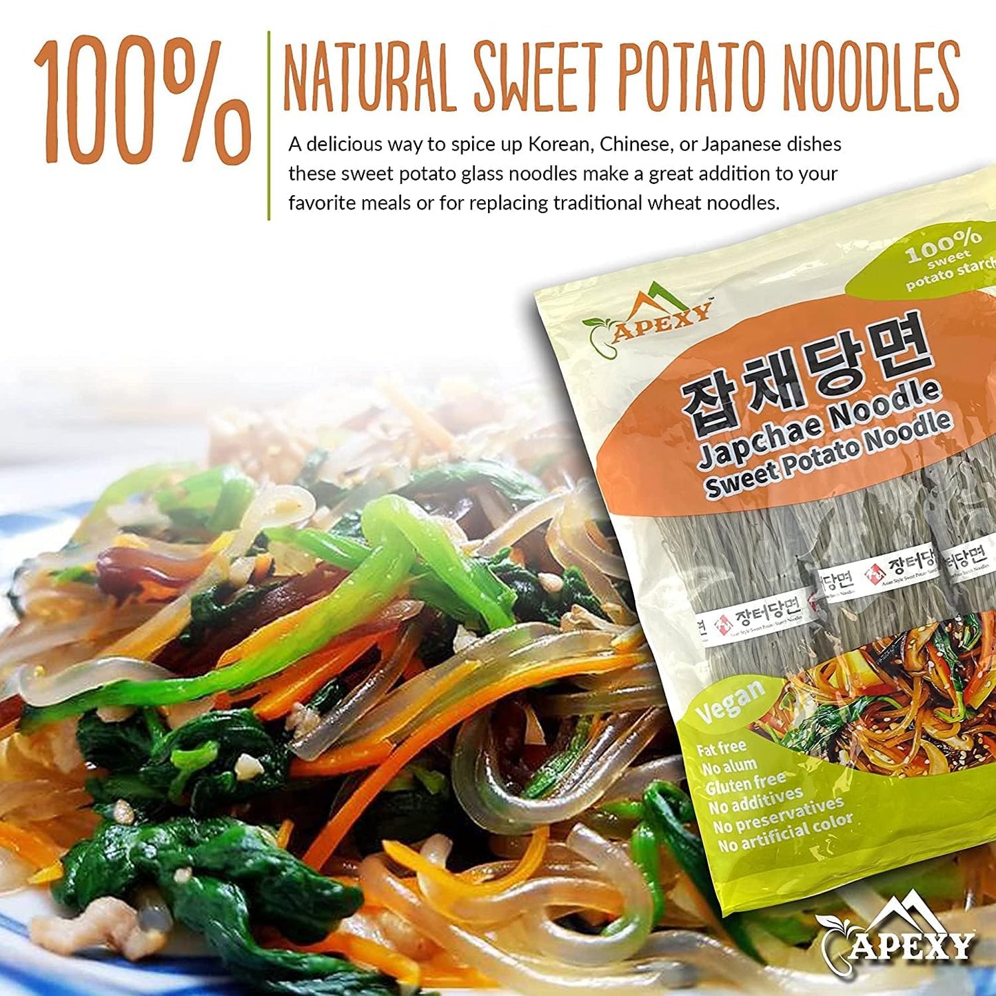 Apexy Sweet Potato Glass Noodles, Japchae Noodles, Korean Vermicelli Pasta, Fat-Free And Gluten-Free, 100% Sweet Potato Starch, No Additive, No Alum Inside, 24Oz (680G)