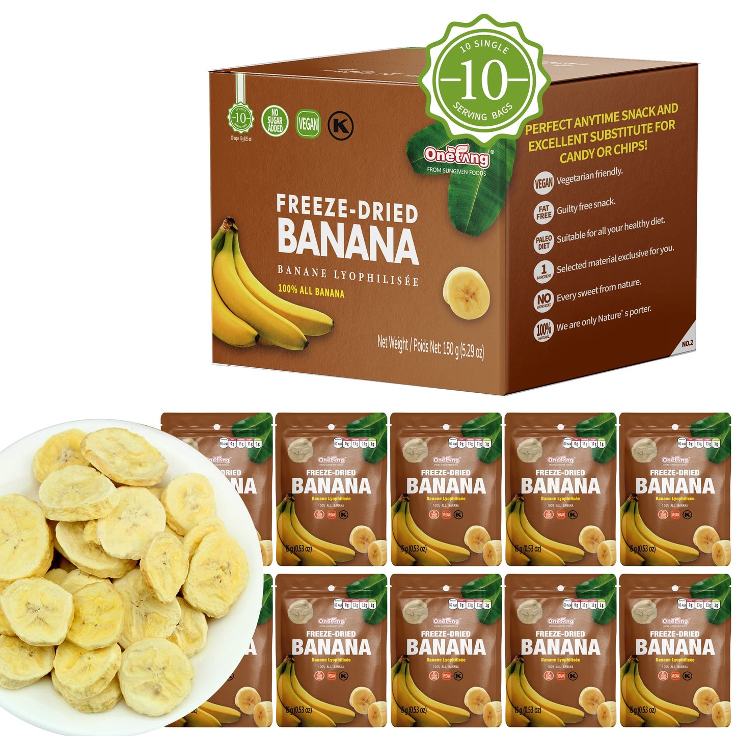 ONETANG Freeze-Dried Fruit Banana Chips, 10 Pack Single-Serve Pack, Non GMO, Kosher, No Add Sugar, Gluten free, Vegan, Healthy S