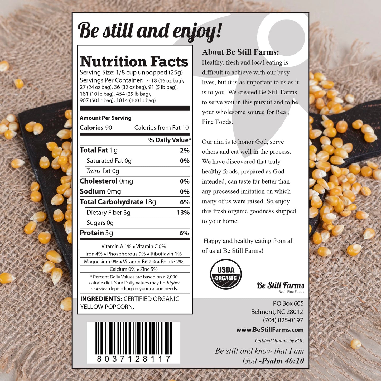 Be Still Farms Yellow Organic Popcorn Kernels - Hulless, Non-GMO, Vegan, 2.8 lb, USA Grown