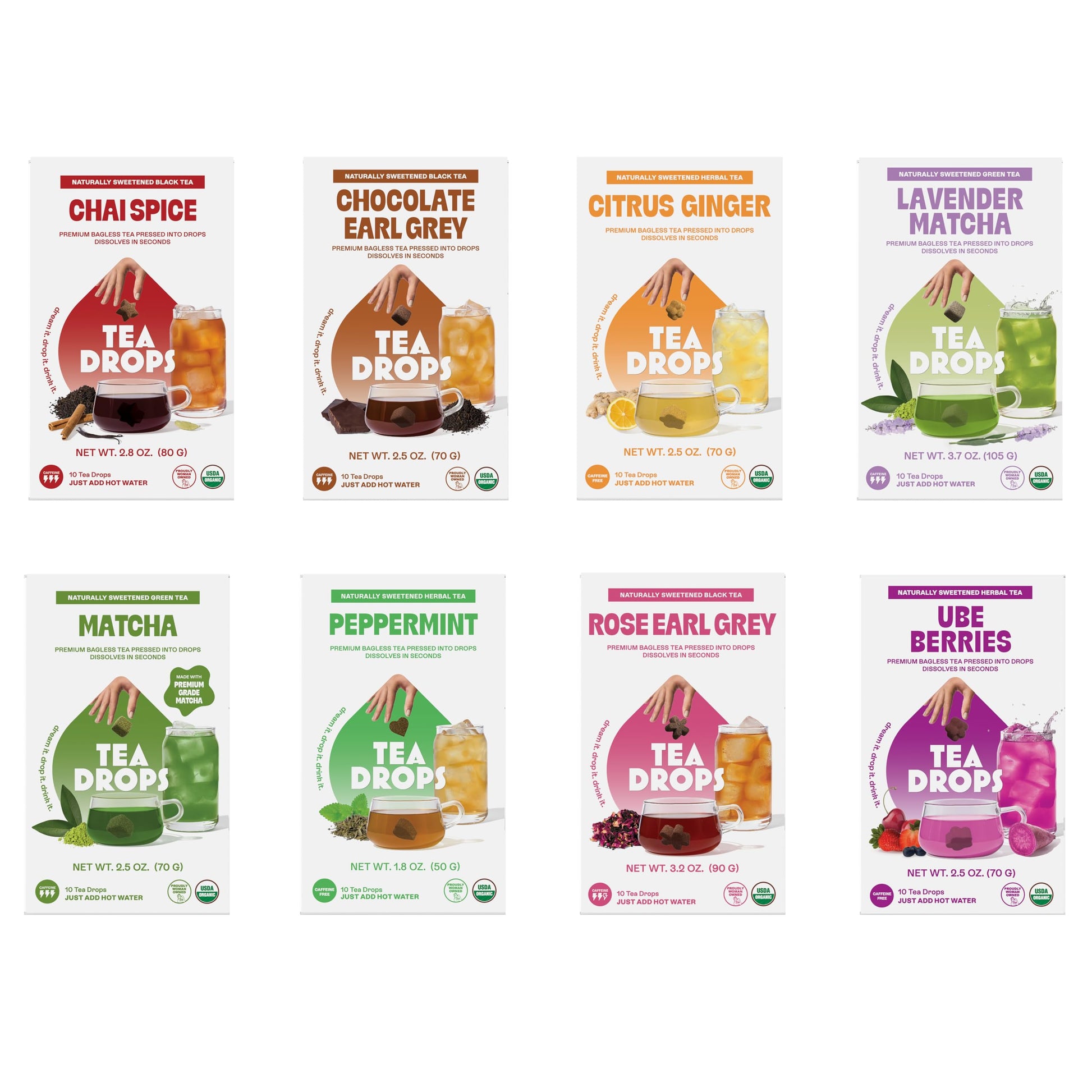 Tea Drops 8-Pack Special Release 10Ct Tea Box Collection | Organic Bagless Tea Assortment | Handmade In Usa | Woman-Owned | Includes Chai Spice  Chocolate Earl Grey  Ube Berries  Matcha  Lavender Matcha  Citrus Flavor Blendger  Peppermint & Rose Earl Grey