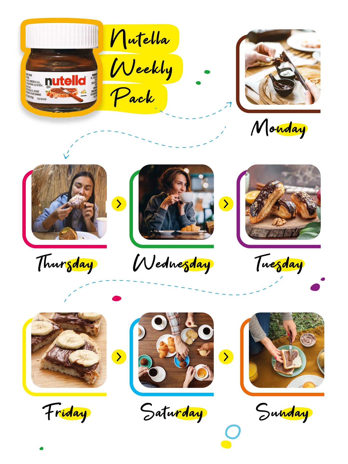 Mini Nutella Glass Jars Chocolate Hazelnut Spread (0.88 Oz) -(7 Units) Weekly Pack + 7 Mini Spoons Atrevo Bundle Pack. Back To S