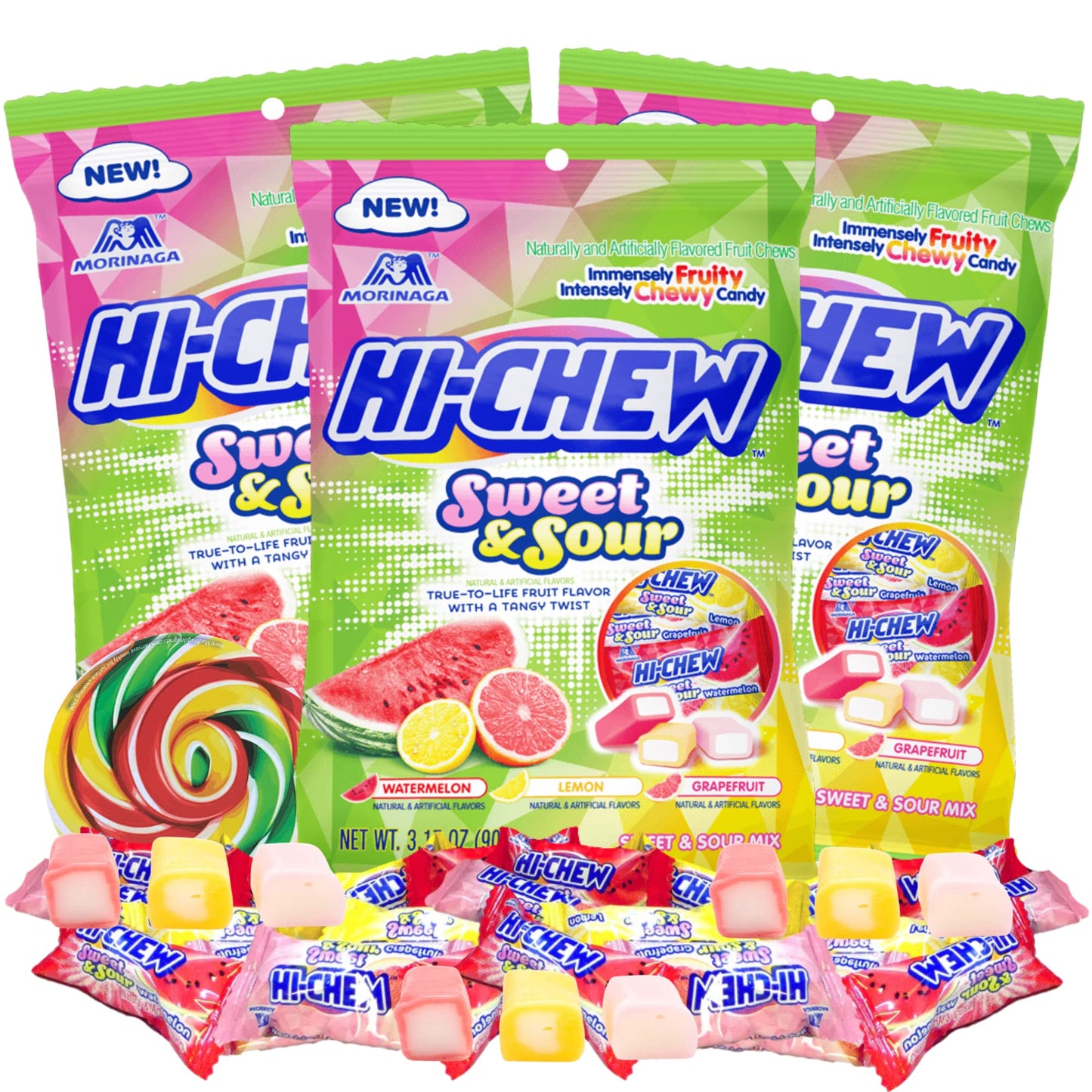 Sweetzo - Candy Sweet and Sour Mix, Watermelon, Grapefruit, and Lemon Individually Wrapped Chewy Candies, Pack of 3, 3.17 Ounces